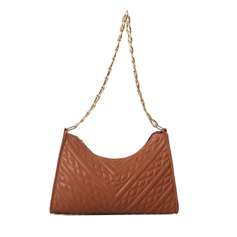 Brown pleated chain baguette shoulder bag with adjustable strap and soft carry handle