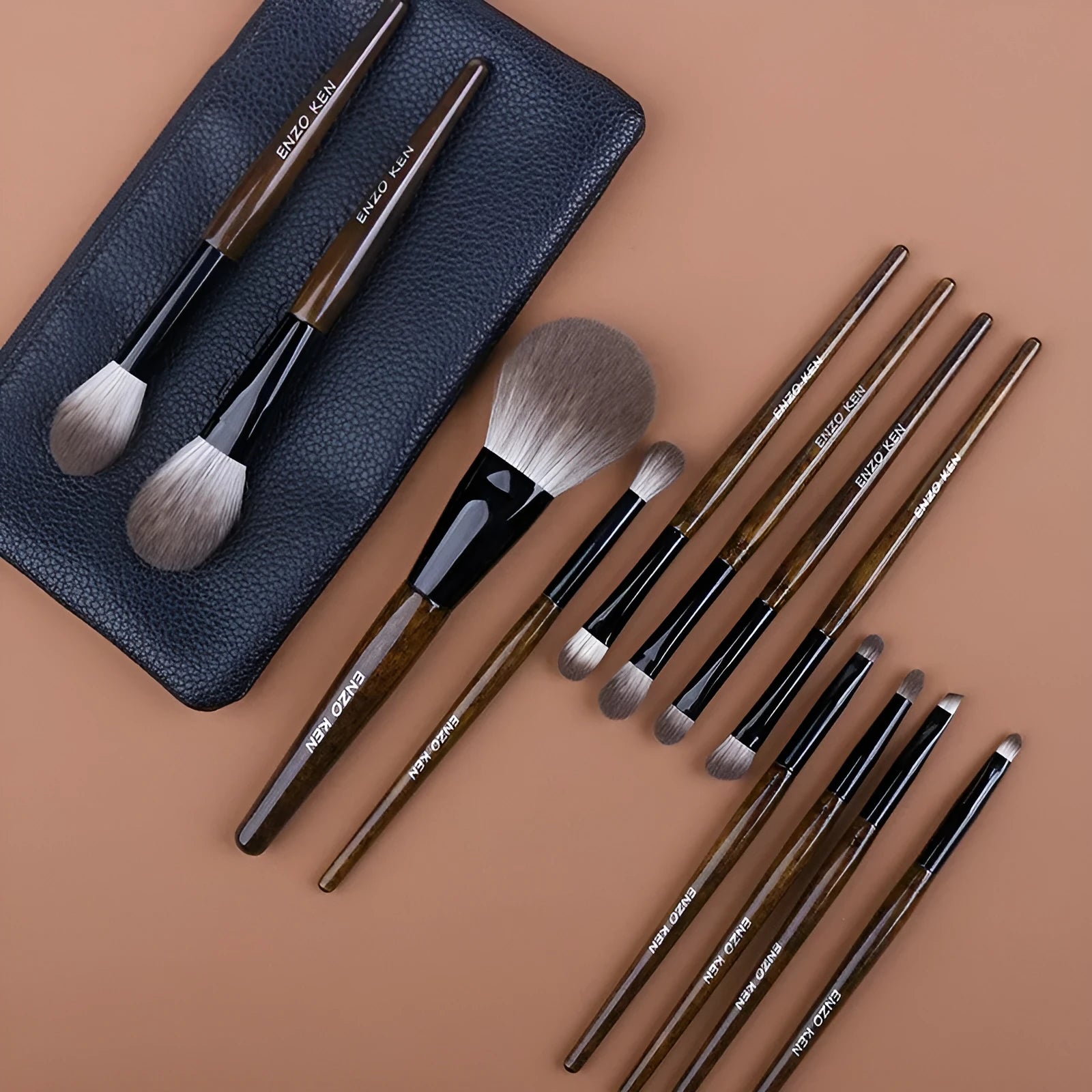 12-piece makeup brush set with wooden handles in PU storage bag