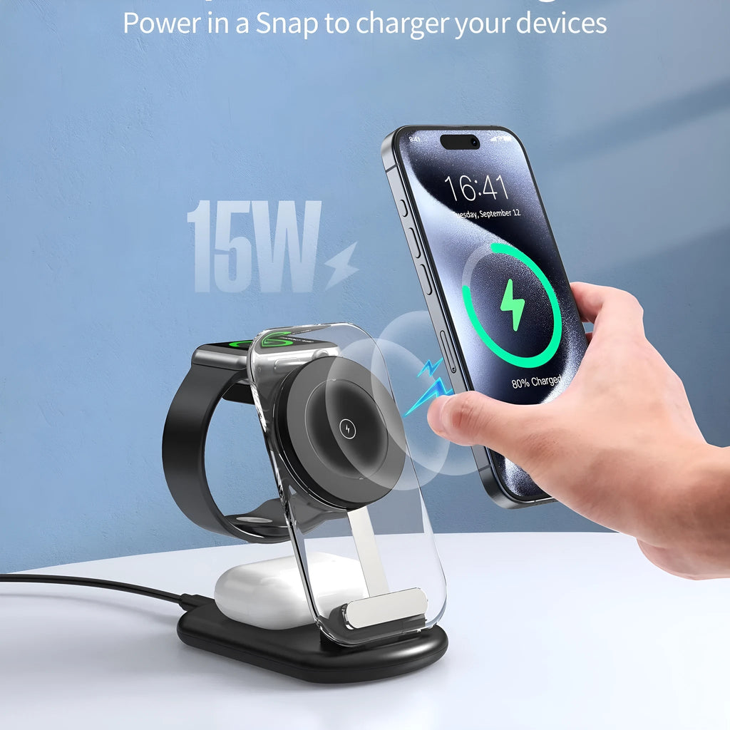 Transparent folding magnetic wireless charger showing internal components with black or white casing options