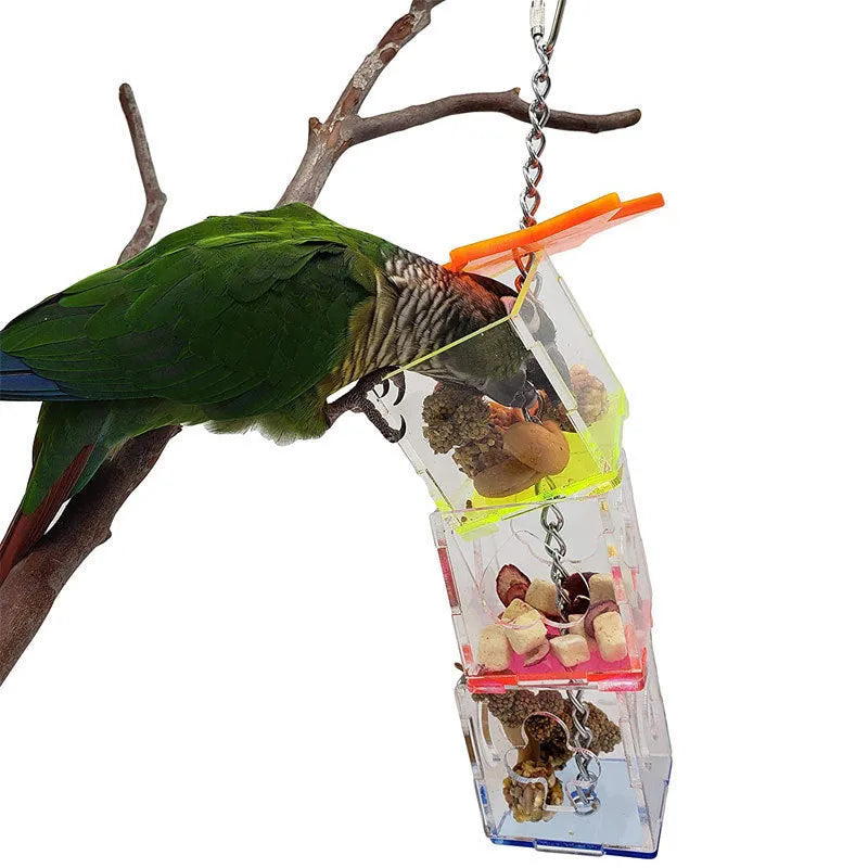 Clear acrylic parrot foraging toy measuring 32cm long with square cross-section