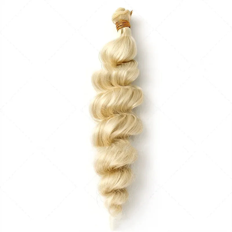 Golden synthetic hair weft wig for women showing three length options on display