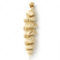 Golden synthetic hair weft wig for women showing three length options on display