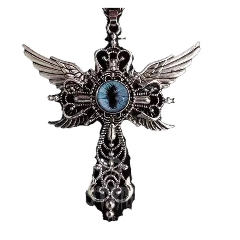 Devil wings cross pendant necklace in alloy with geometric shape shown in available colours