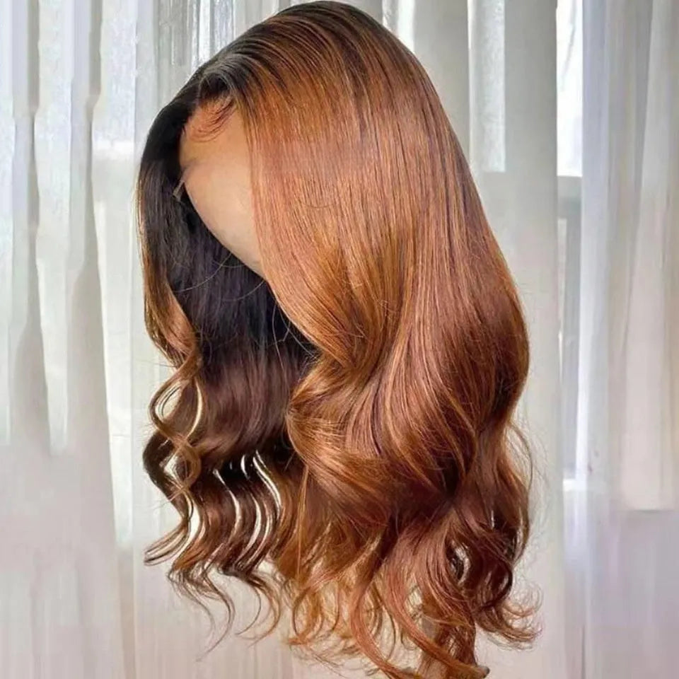 A human hair lace front wig in a Ruili gradient colour, displayed on a wig stand