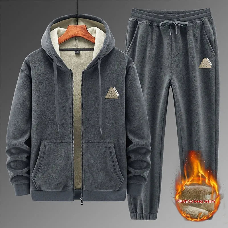 Men's grey hooded tracksuit set with polyester jacket and matching trousers for sports wear