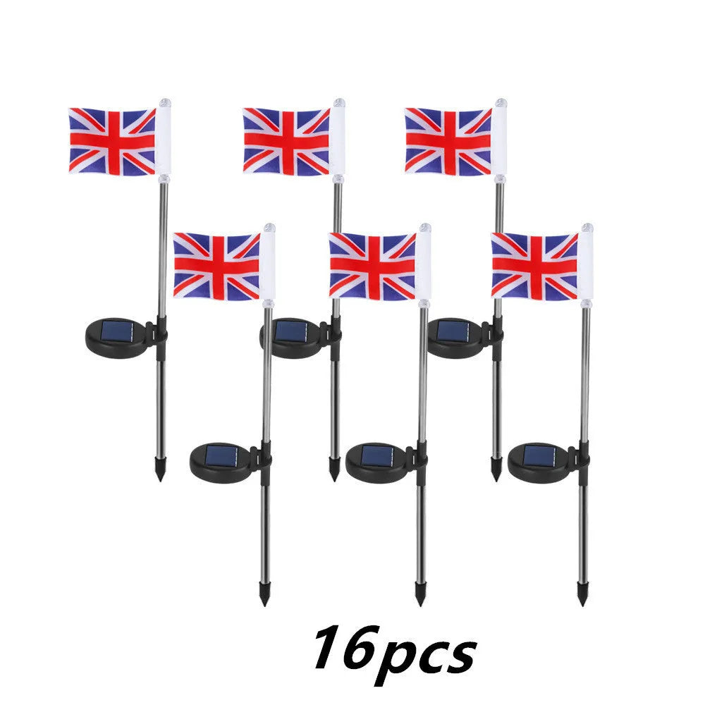 Solar-powered garden flag light with stainless steel pole displaying American or British flag design