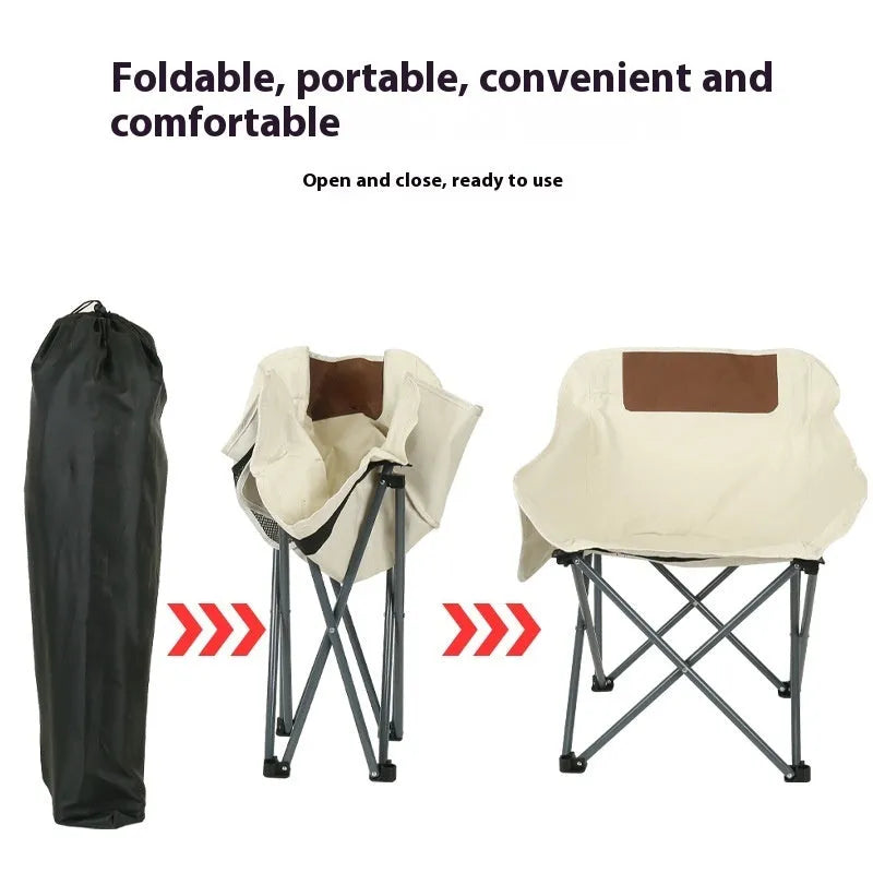 Beige folding outdoor camp chair with steel frame and Oxford cloth seat in the open position