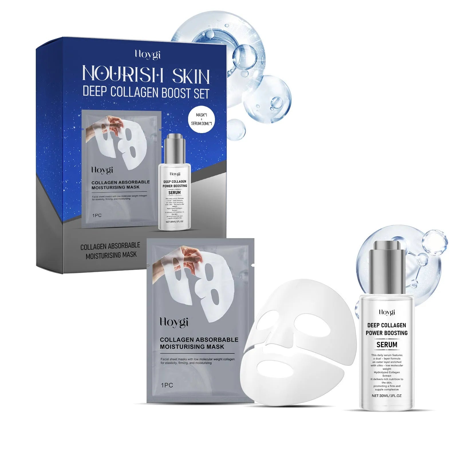 Collagen moisturising face mask and 30ML essence bottle skincare kit on white background