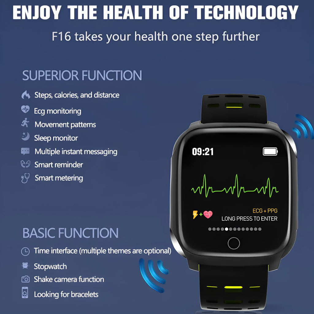 F16 Smart Watch in black grey colour on a silicone wristband, showing the IPS touchscreen display.