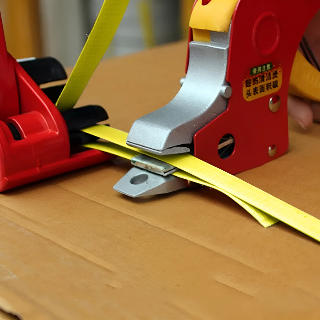 Electric hot melt packing machine with plastic steel tensioner and yellow packaging tape on a work surface.