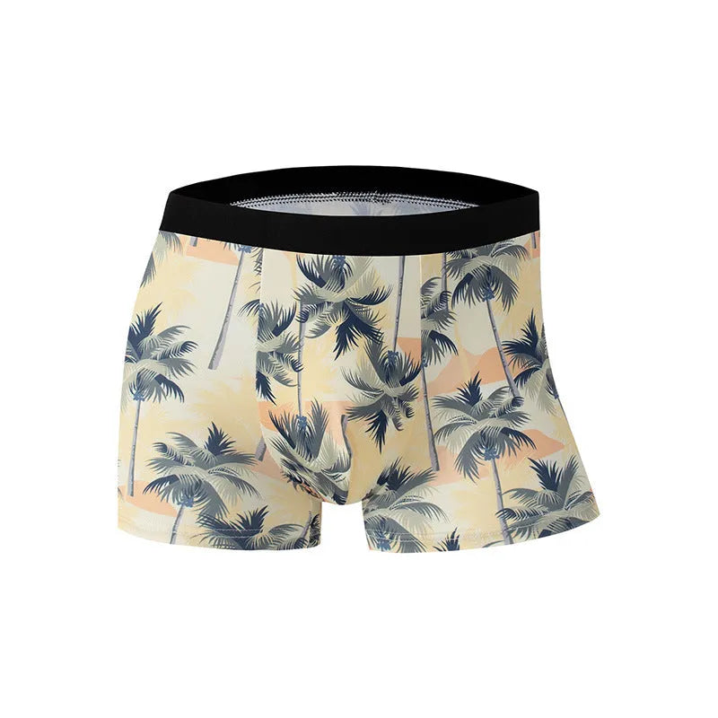 Men's ice silk underwear with fashion printing showing mid waist design and breathable polyester fabric