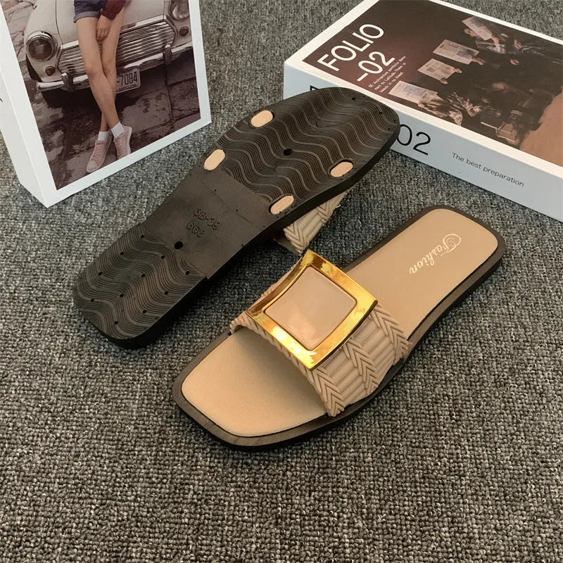 Women's casual flat summer slippers in apricot, black, or khaki with a PVC sole.