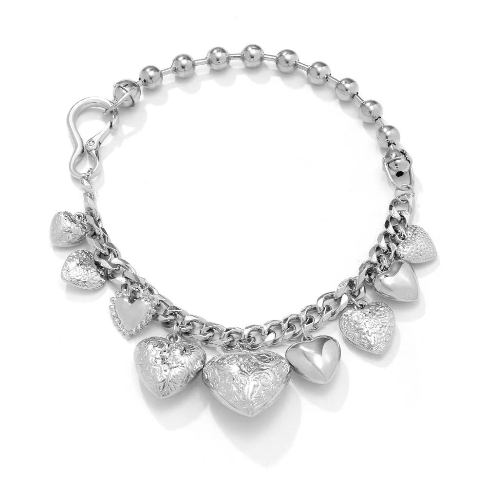 Gold and white K carved heart pendant necklace on alloy chain with adjustable length