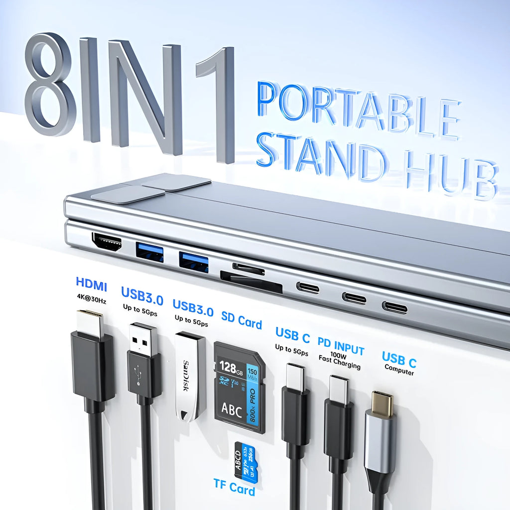 Aluminium alloy folding laptop docking station stand with multi-interface HUB ports visible