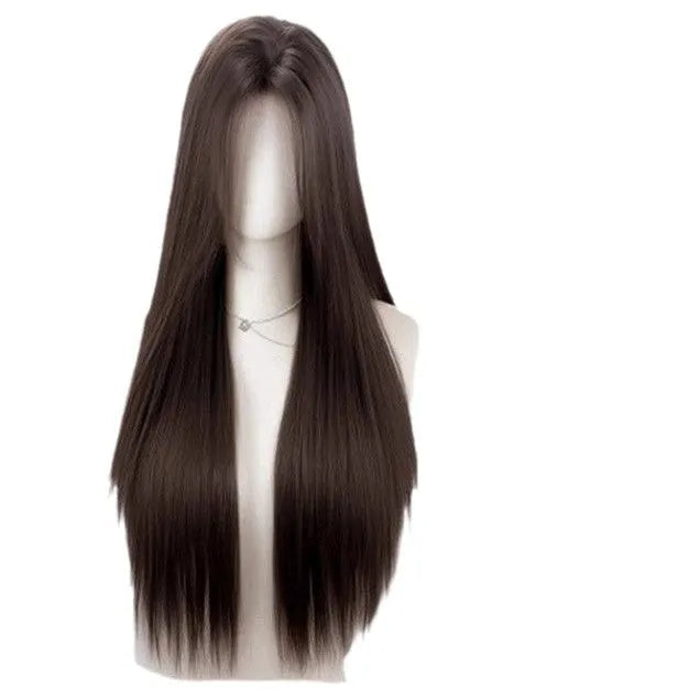 Full-head forehead lace wig in straight mid-length style with styling accessories on white background.