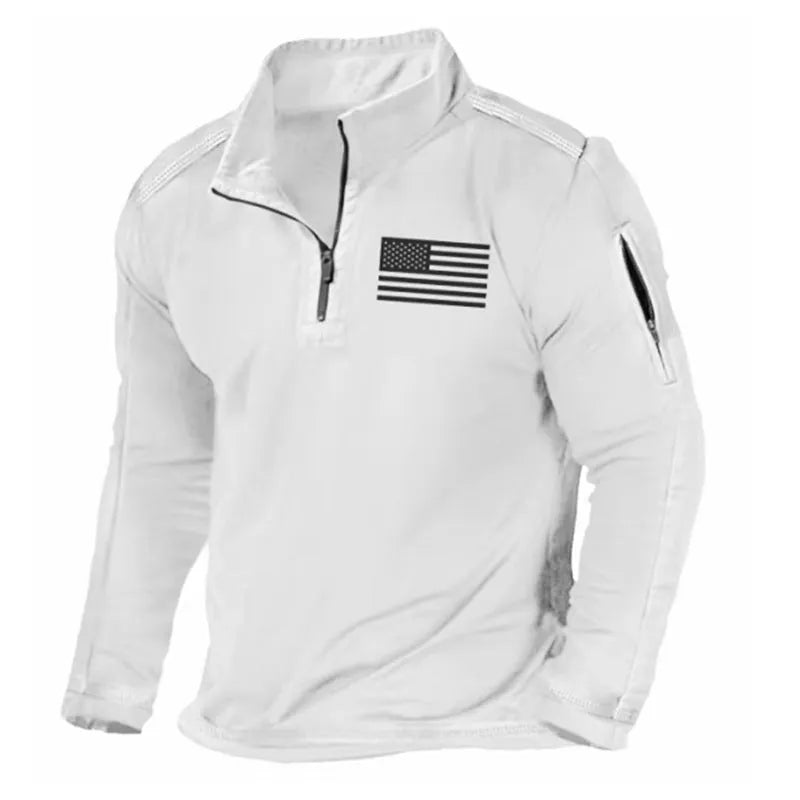 Men's dark coloured zip-up sweater with a stand collar and long sleeves laid flat.