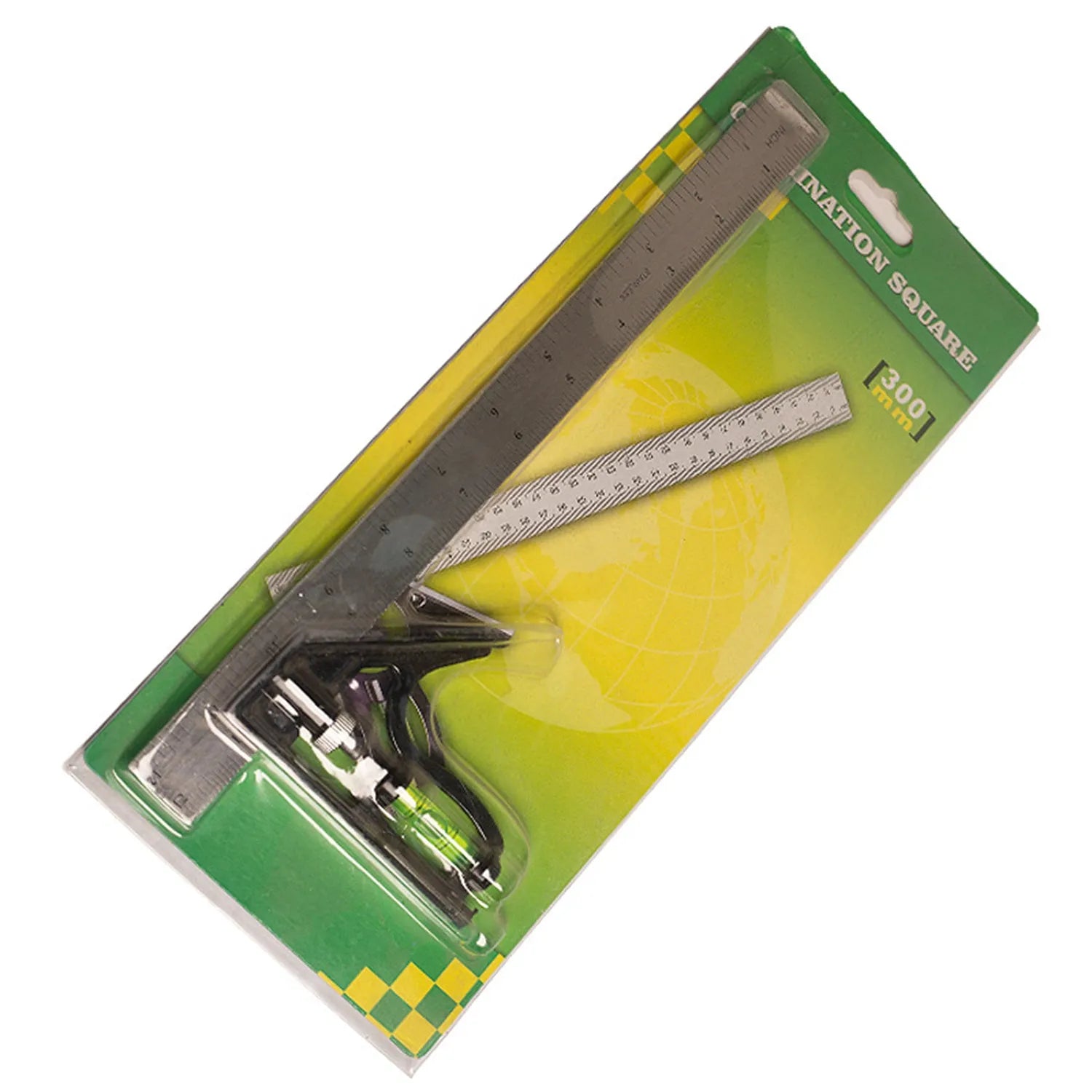 Red thin metal combination angle ruler with metric scale and transparent carry bag.