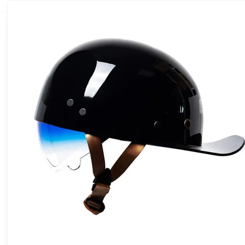 Men's retro half helmet for electric bicycles in bright black with gradient blue lens