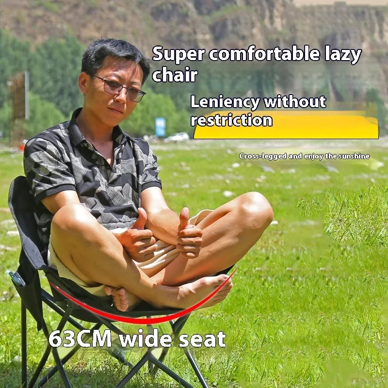Beige folding outdoor camp chair with steel frame and Oxford cloth seat in the open position