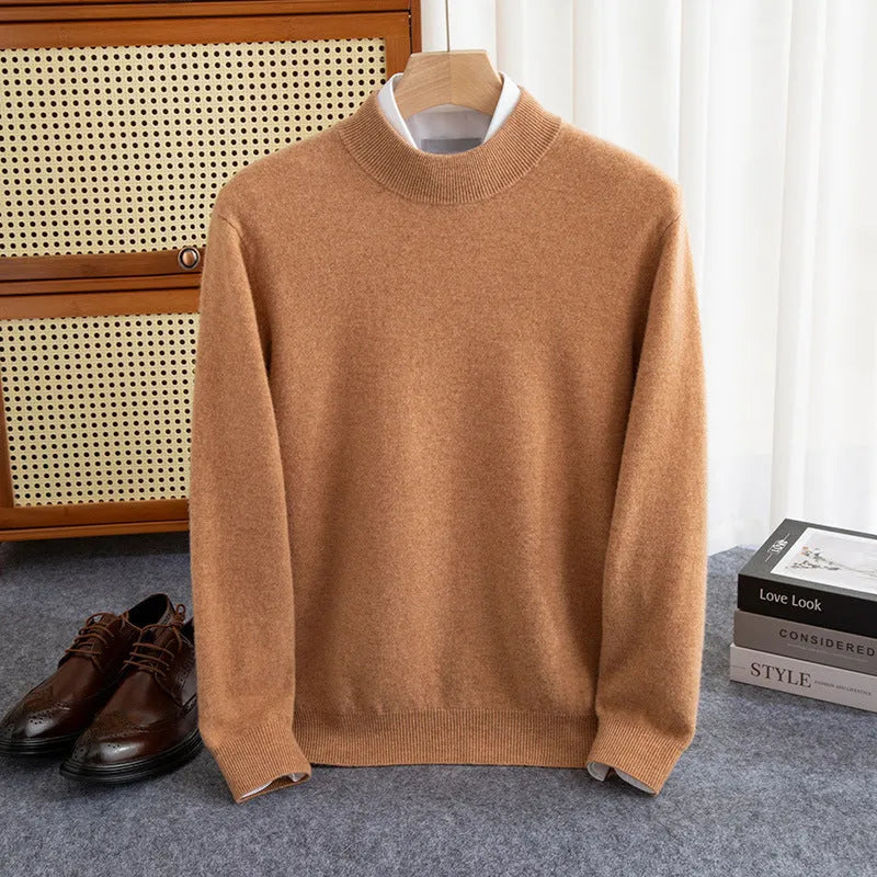 Men's half-collar wool sweater in coarse yarn knit, loose fit, shown in multiple colours
