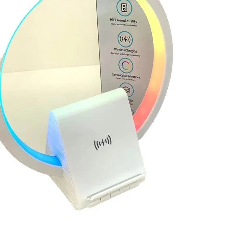 White smart Bluetooth speaker with integrated ambient lighting and a 15W wireless charging pad on top.