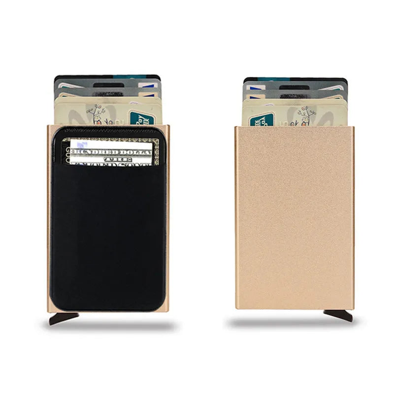 Frosted aluminium metal credit card holder in multiple colours showing slim profile