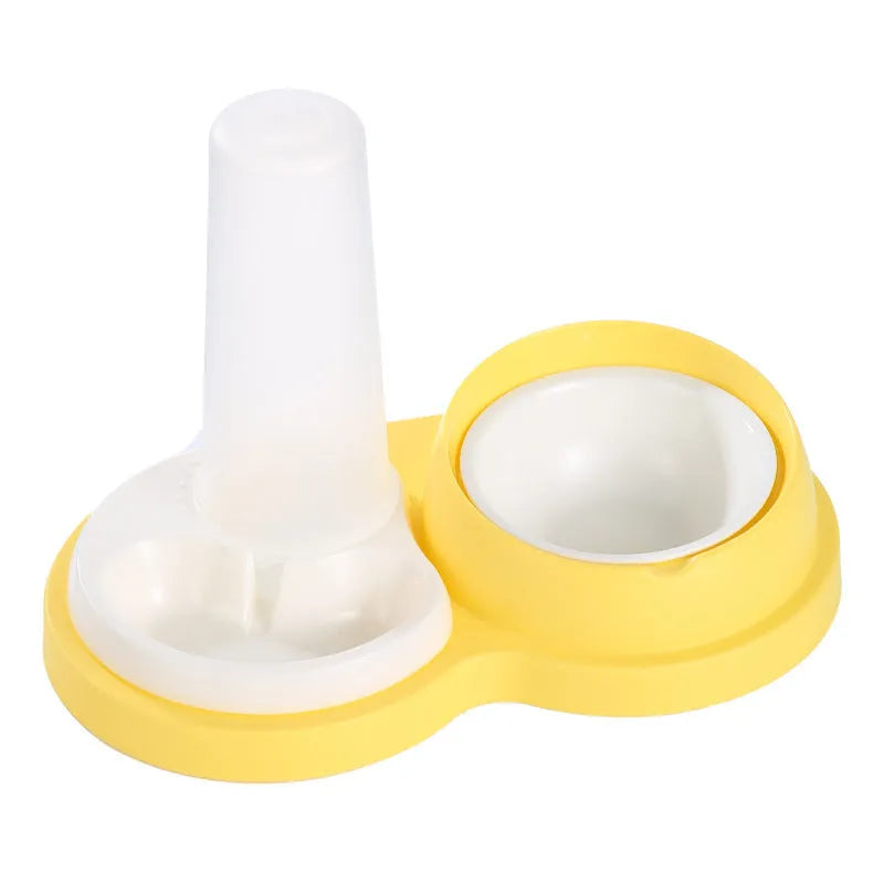 Grey and yellow dual ceramic bowl pet feeder with raised neck protection and non-slip base.