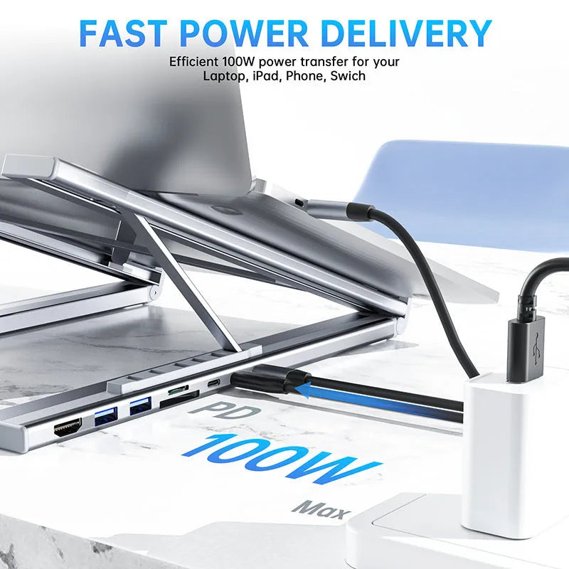 Aluminium alloy folding laptop docking station stand with multi-interface HUB ports visible