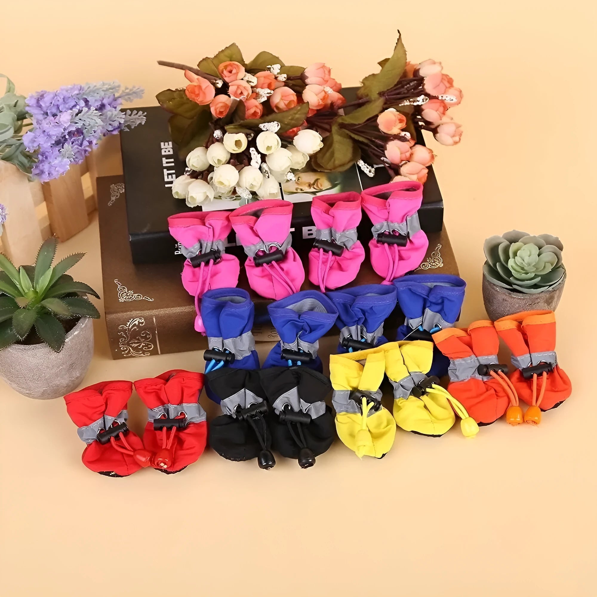 Cloth dog shoes with soft soles in multiple colours showing non-slip design and fleece lining option
