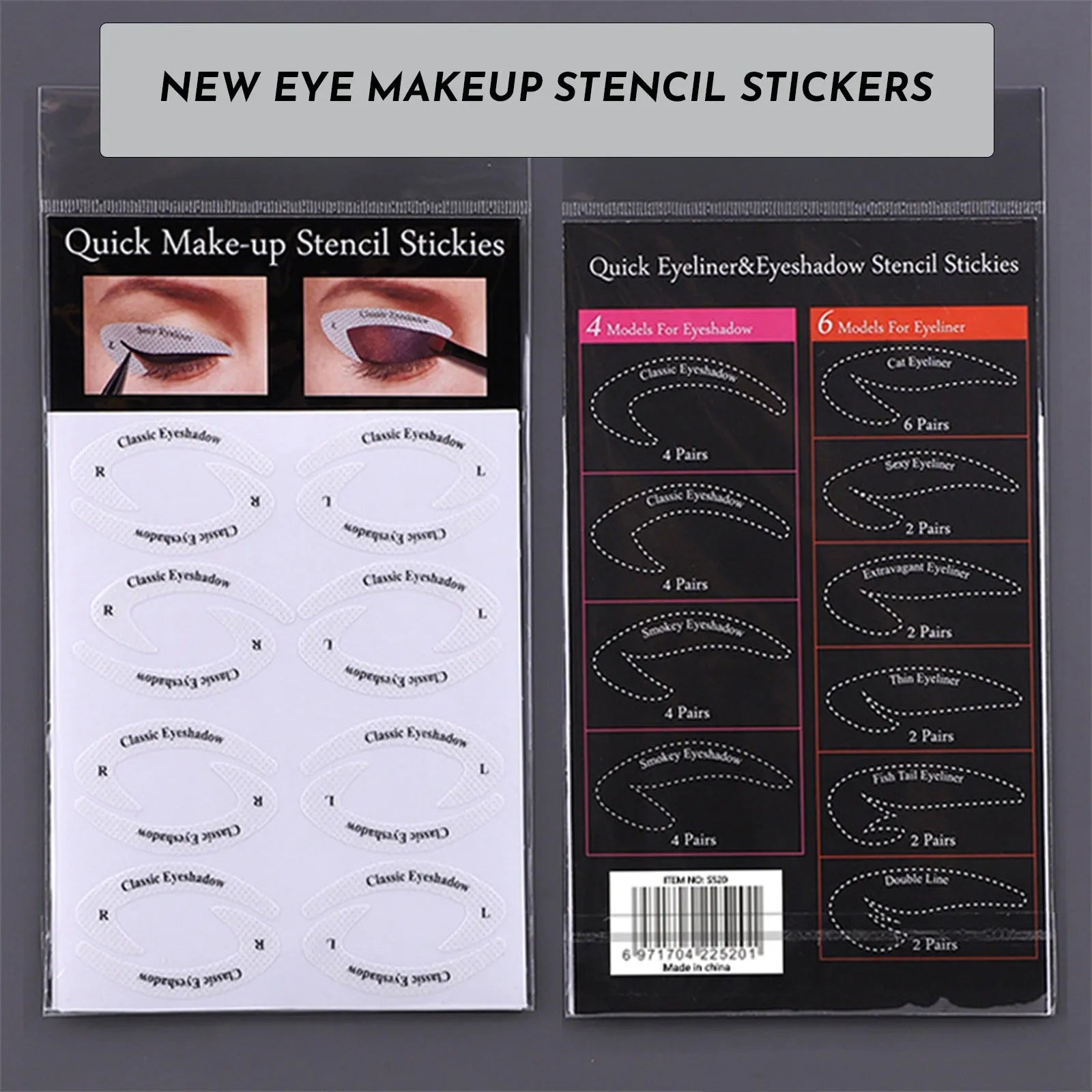 Set of four reusable eyeliner sticker templates showing different winged eyeliner and eyeshadow designs