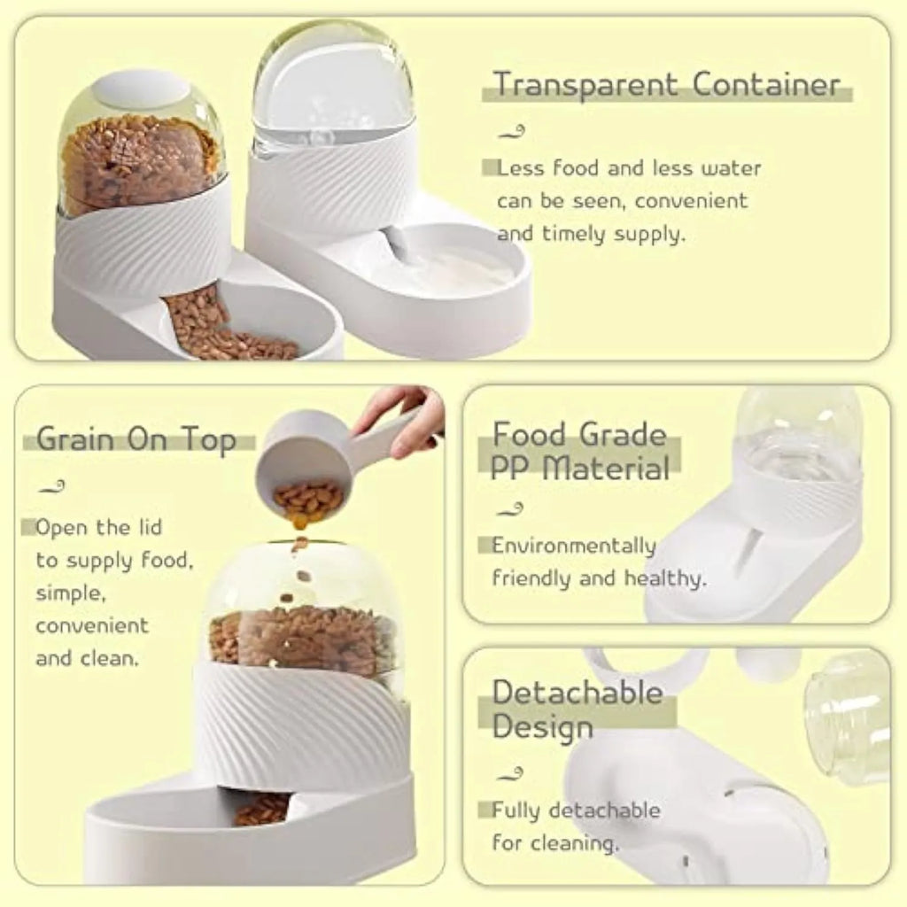 Pure white automatic cat food and water dispenser set with wave-shaped design on a countertop.