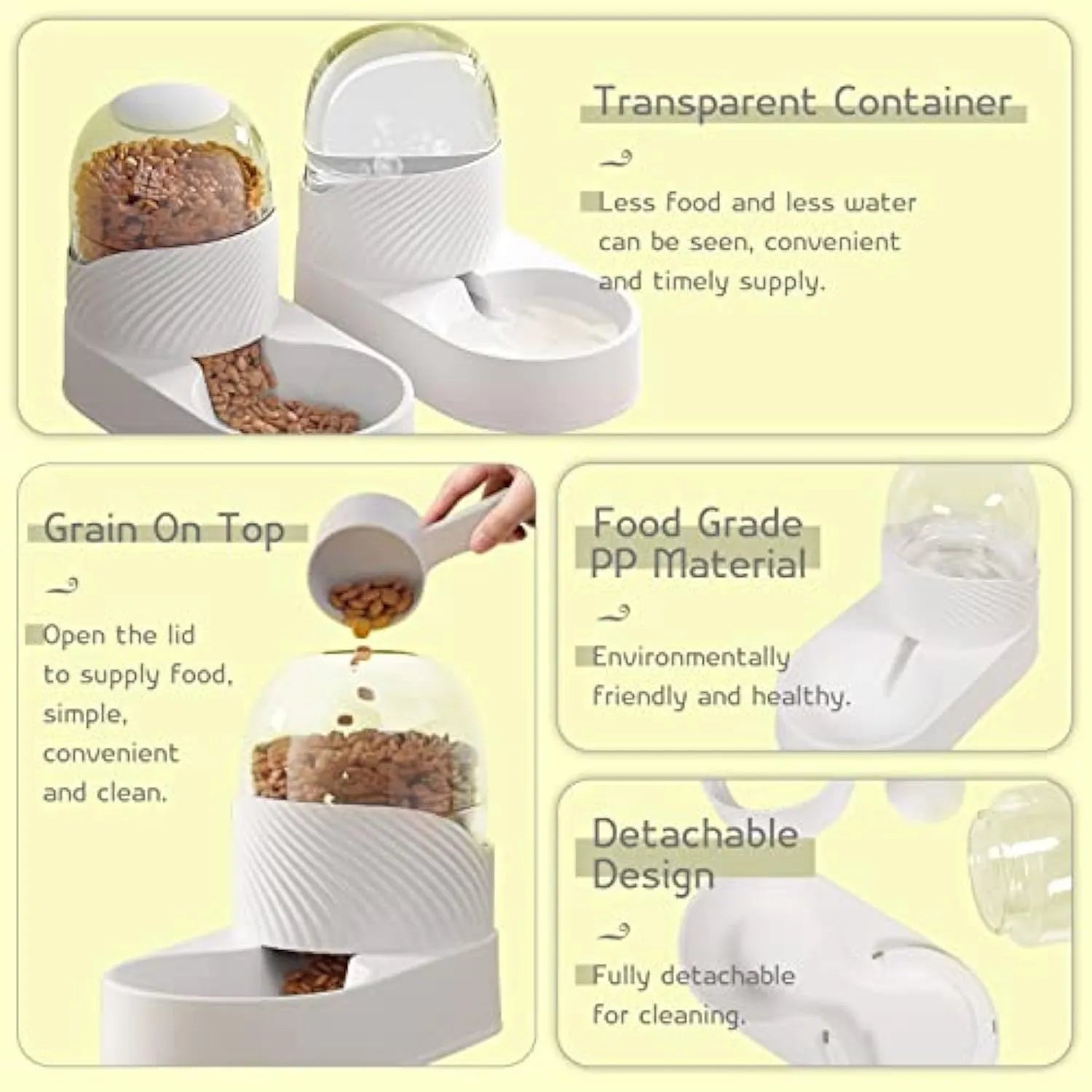 Pure white automatic cat food and water dispenser set with wave-shaped design on a countertop.