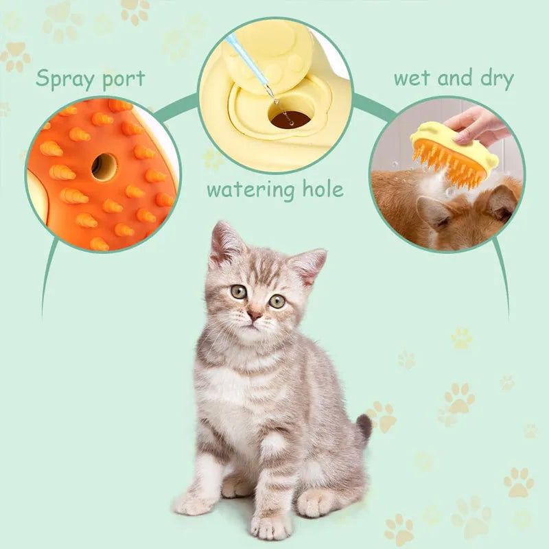 Steam-powered pet grooming brush with ergonomic handle for cats and dogs.