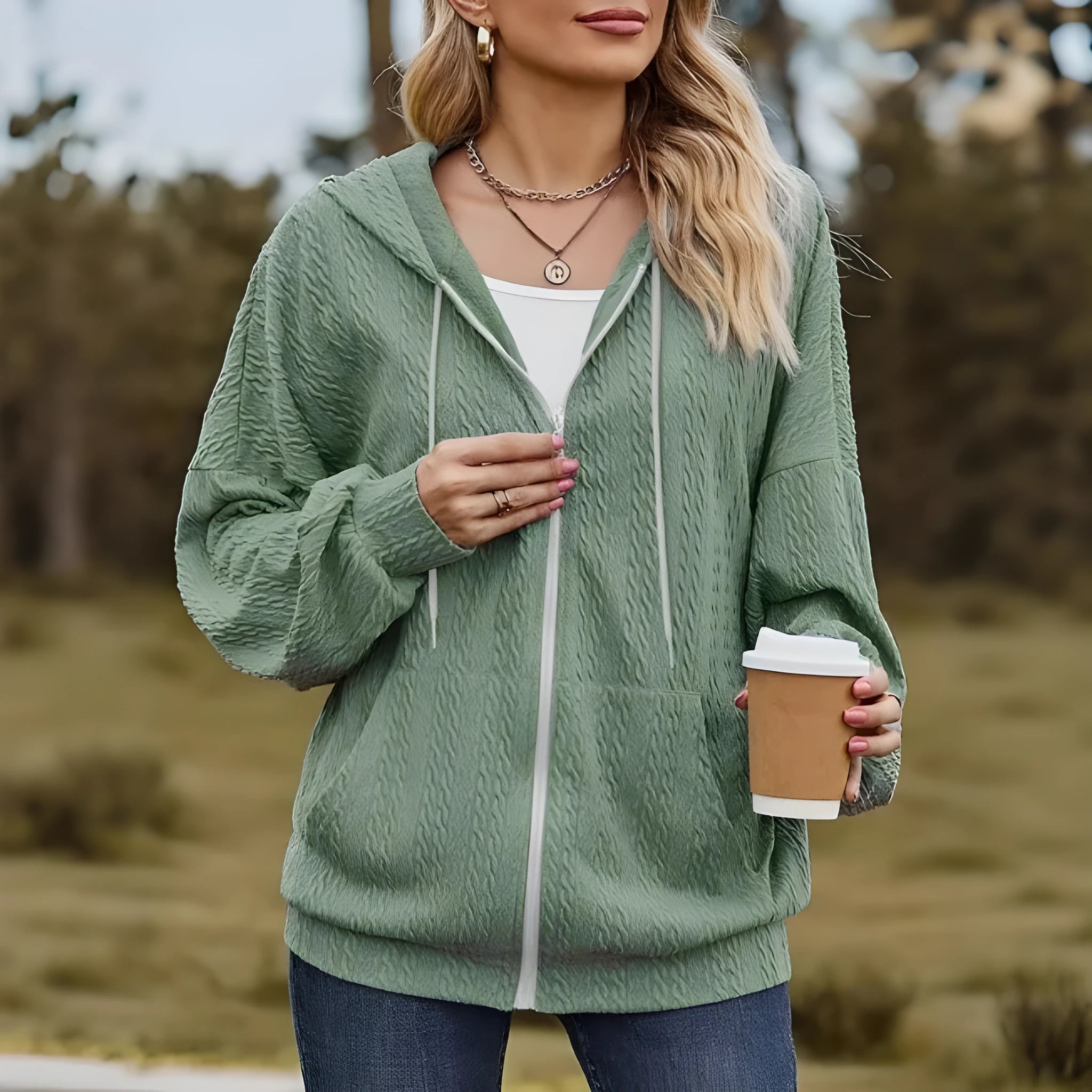 Green women's hooded sweater coat with zip front closure and loose casual fit