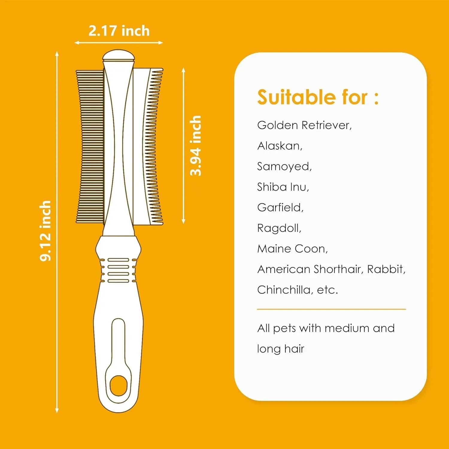 White double-sided dog and cat grooming brush with comb and deshedding blade, showing comfort-grip handle.