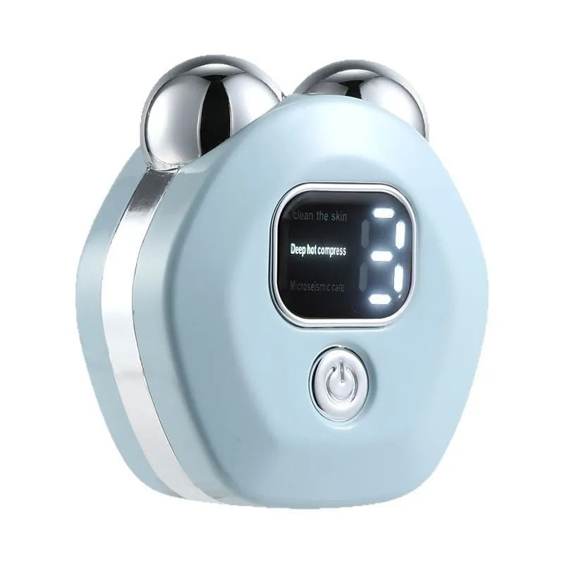 Portable hot compress charging facial massage instrument with double rollers in light blue colour