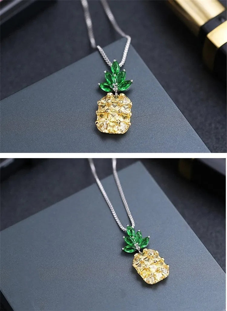 Silver plated geometric pineapple diamond necklace for women with copper white gold plating.
