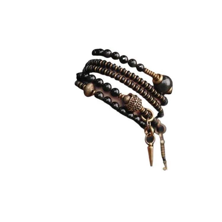 Black geometric multi-layered beaded bracelet with colourful retro beads and adjustable fit