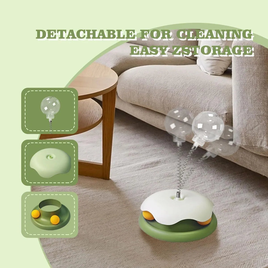 Blue cat treat dispenser toy with track ball design on white background