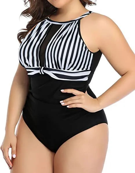 Women's black, red floral, and striped one-piece swimsuits in polyester fabric.