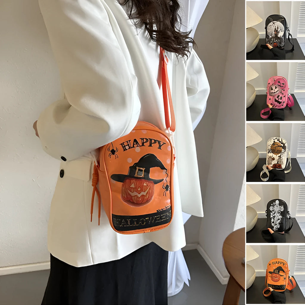 Halloween graffiti crossbody bag with pumpkin ghost bat print on black PU leather