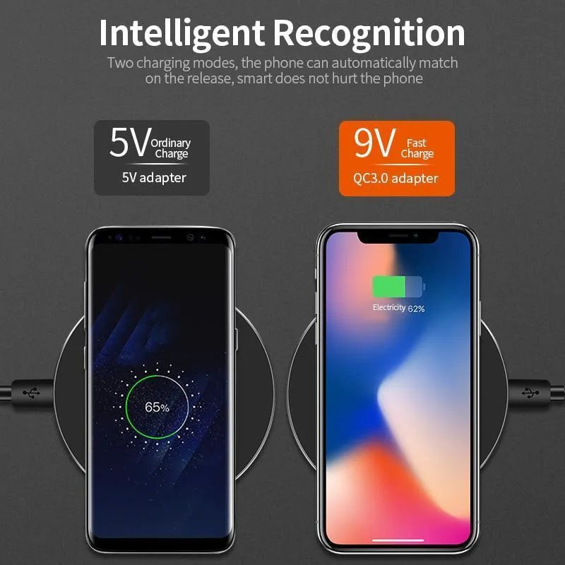 Black square ultra-thin wireless fast charging pad with 9V Qi support.
