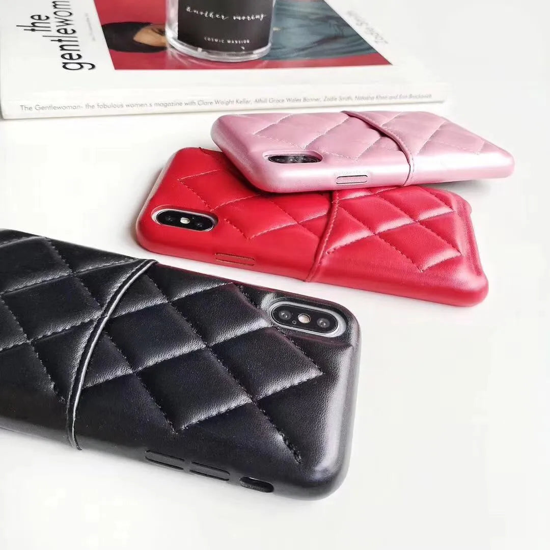 Leather mobile phone case for iPhone XS Max and other models in black, pink, or red.