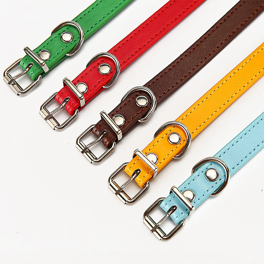 PU dog collar in S 1.0*30 and M 1.5*30 sizes, shown in Coffee, Sky blue, gold, green, and red colour options.