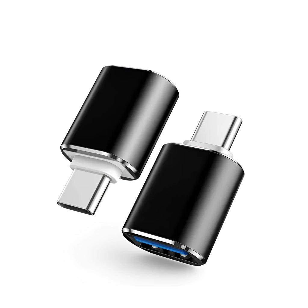 USB-C to dual USB-A OTG adapter in brushed aluminium, showing black, gold, and silver colour options.