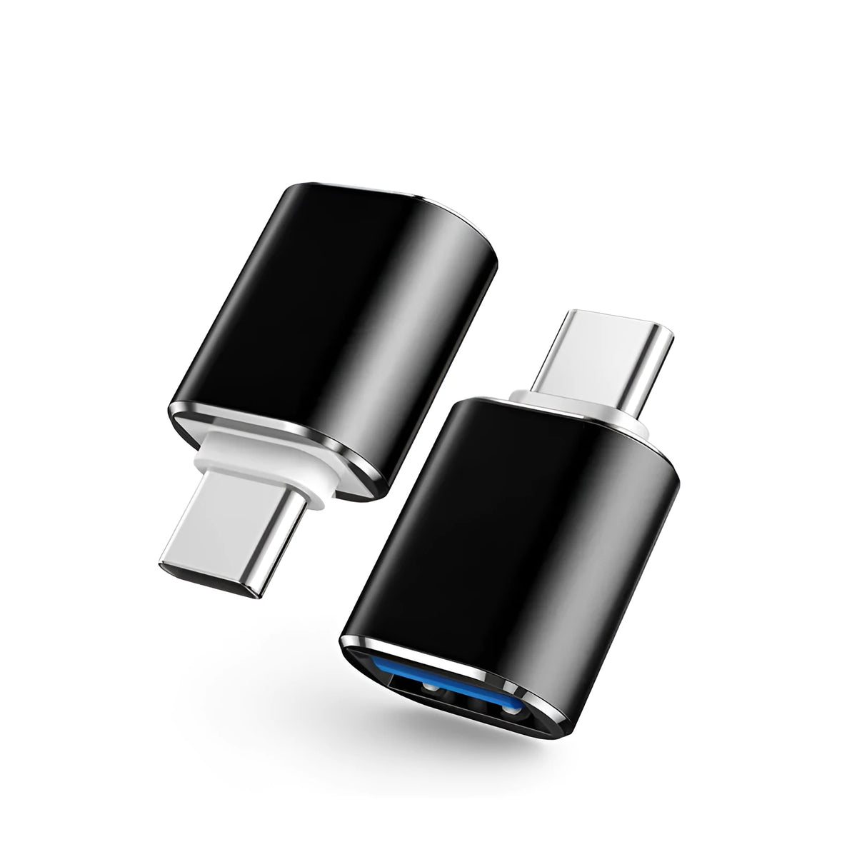 USB-C to dual USB-A OTG adapter in brushed aluminium, showing black, gold, and silver colour options.