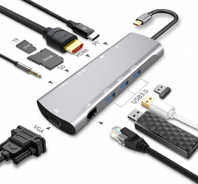 Grey aluminium USB-C docking station with HDMI, VGA, USB 3.0, and PD charging ports