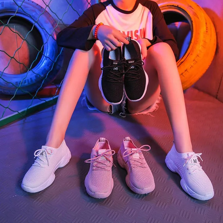 Women's white thick-soled sports shoes with flying woven upper and front strap design