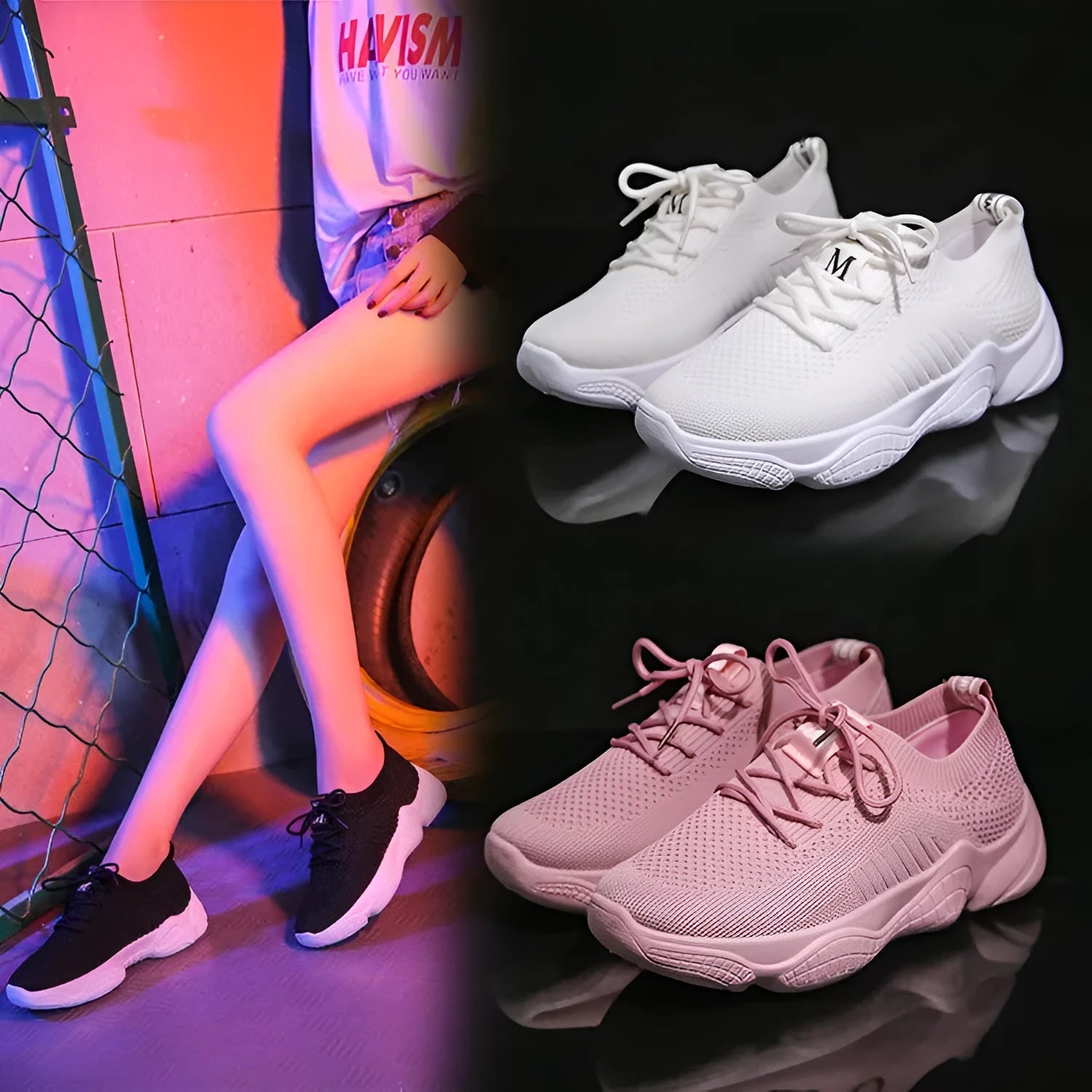 Women's white thick-soled sports shoes with flying woven upper and front strap design