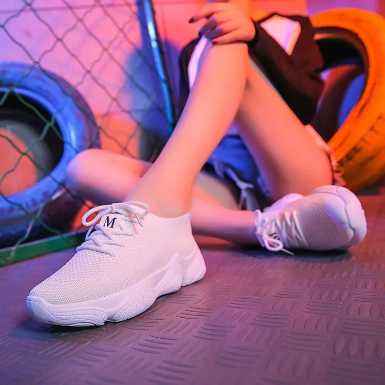 Women's white thick-soled sports shoes with flying woven upper and front strap design